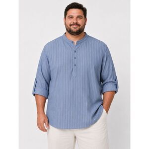 COOFANDY Men's 3XL Blue Stripe Henley Shirt Cotton Hemp Long Sleeve Casual